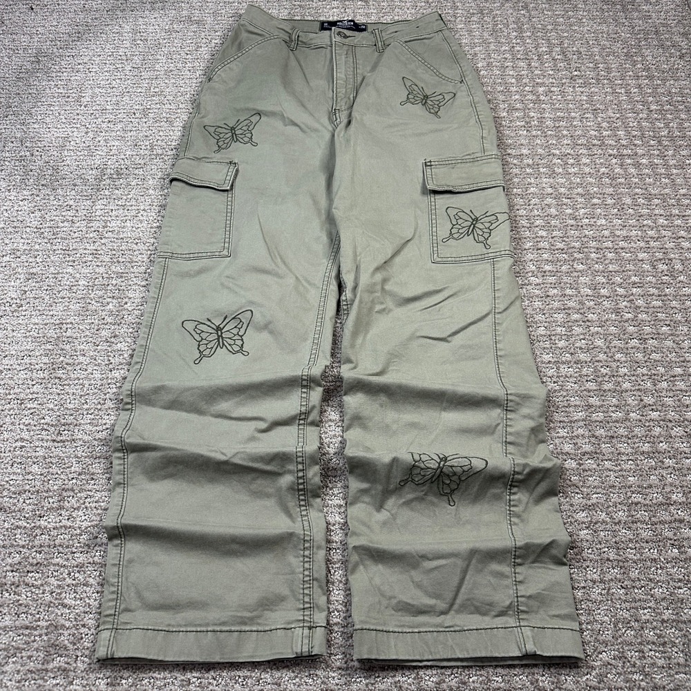 Y2K Baggy Hollister Ultra High-Rise Dad Pants Olive Green Butterfly Cargo 0R 25